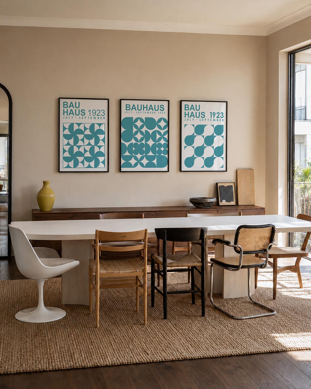Vorm en kleur driedelige posterset – deze posterset in drie delen toont een ritmisch patroon van halve cirkels en vierkanten