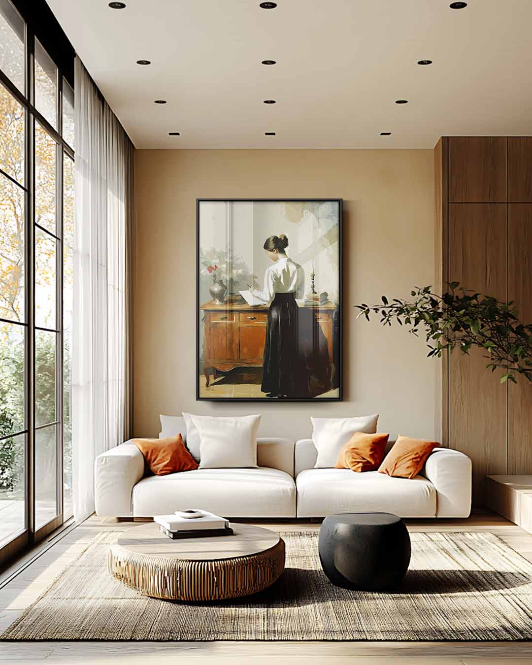 Vrouw Schrijvend aan Het Bureau – plexiglas wanddecoratie in portret formaat