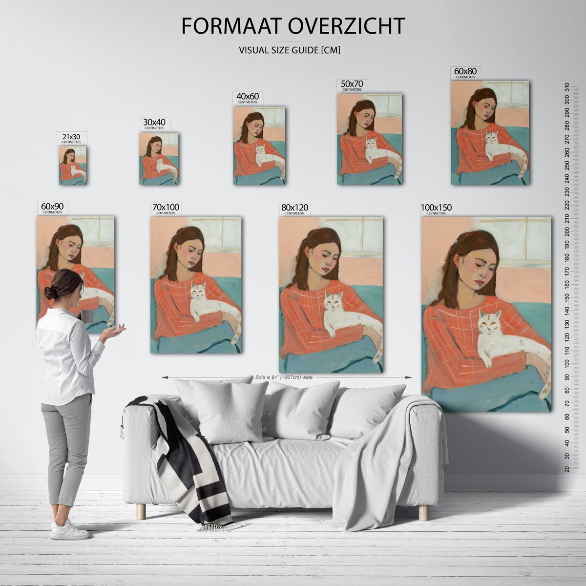 Vrouw met kat – staande muurposter met hedendaagse illustratie