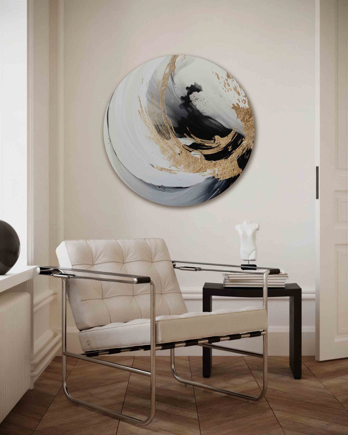 Zwart en goud abstracte – kleurrijke illustratie muurcirkel als wanddecoratie