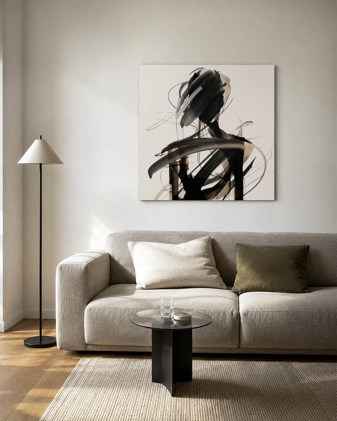 Dynamische lijnenfiguur kunstwerk – vierkante wanddecoratie – dit werk toont vloeiende zwarte en beige lijnen die een