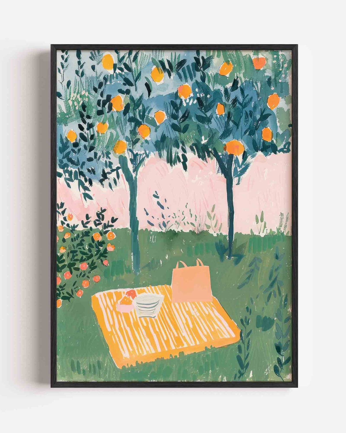 Picknick onder sinaasappelbomen – kleurrijke illustratie portret poster als wanddecoratie