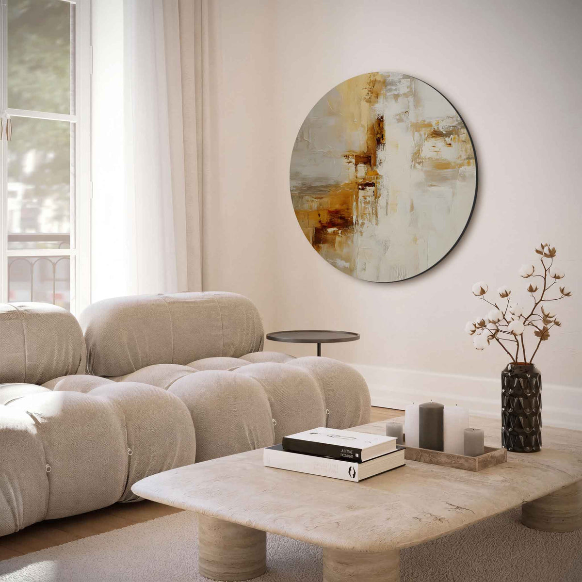 Abstracte beige – moderne abstracte muurcirkel voor aan de muur