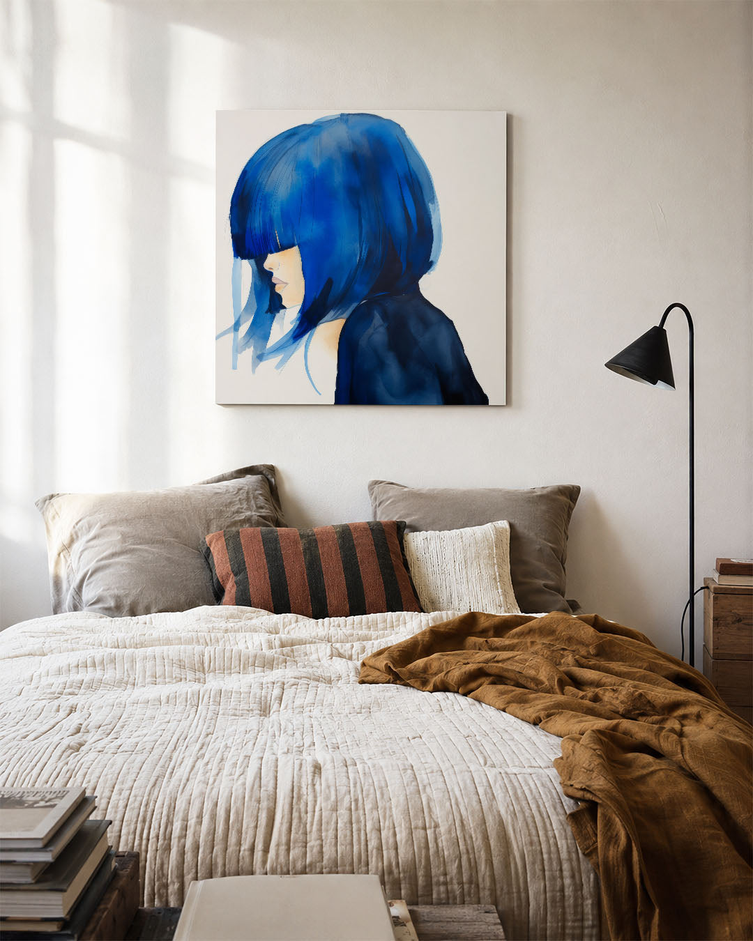 Blauwe silhouet kunstwerk – detailweergave – dit kunstwerk toont een zijaanzicht van een persoon met opvallend blauw haar