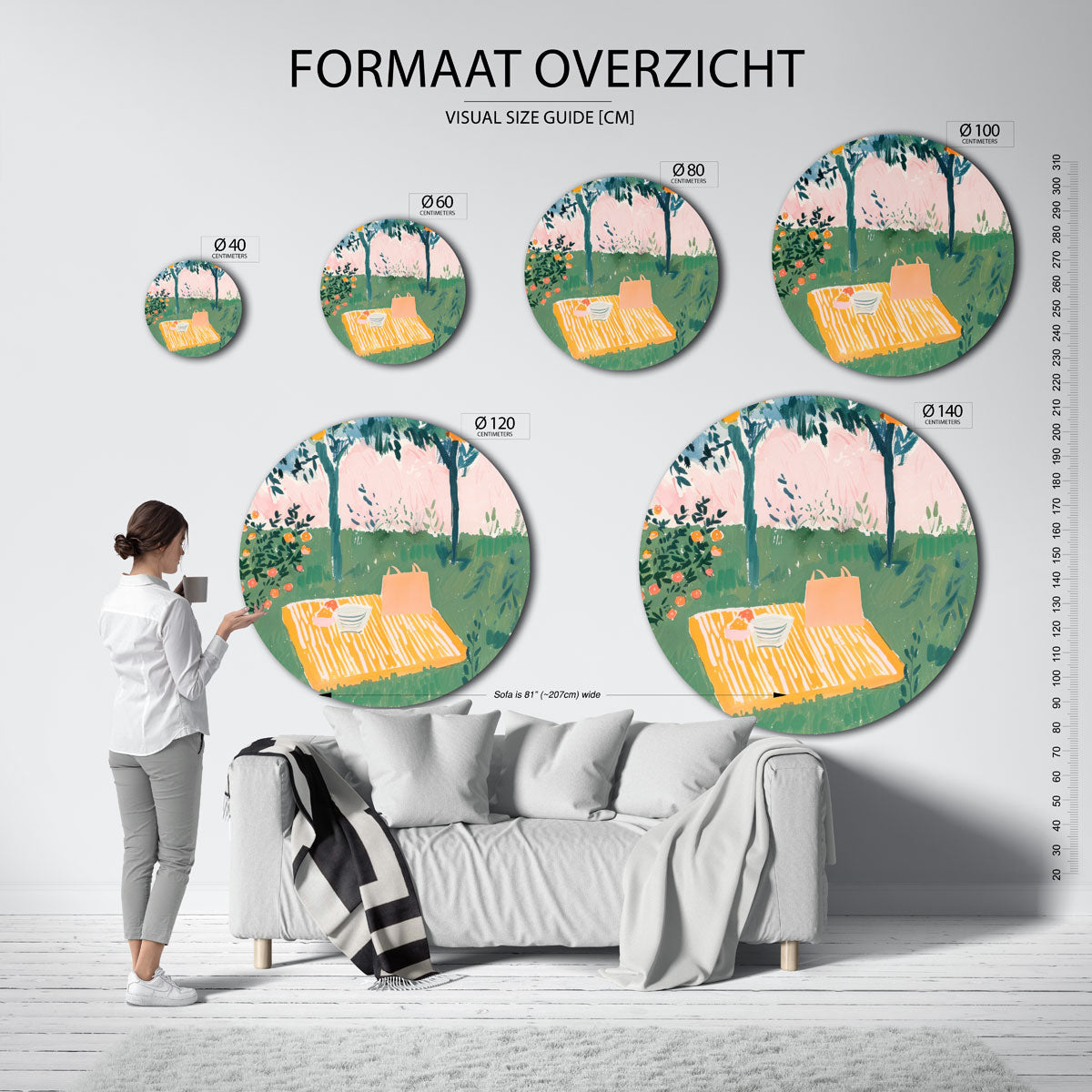 Picknick onder sinaasappelbomen – abstracte wandkunst met textuur als muurcirkel