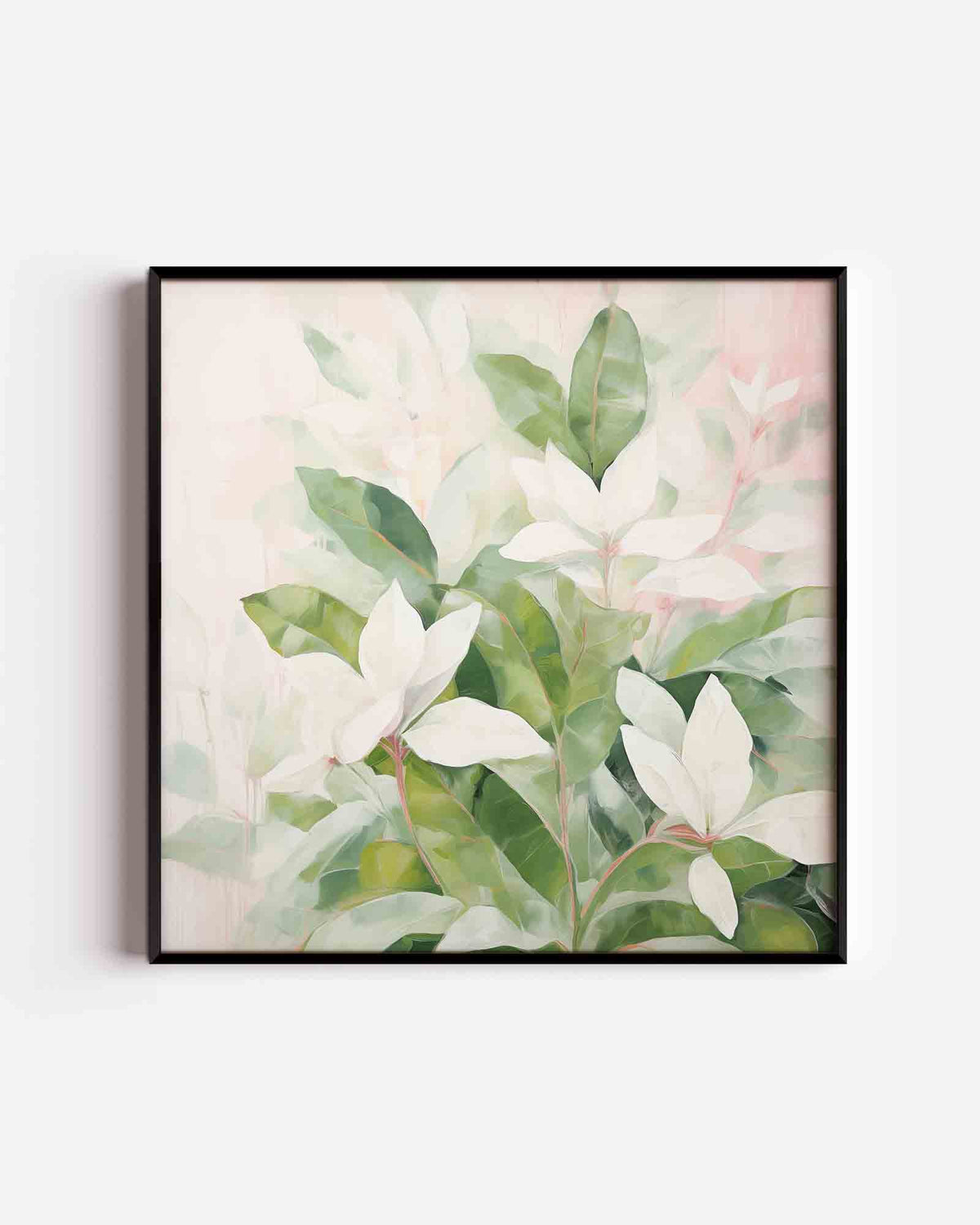 Witte bloemen en groene bladeren – kleurrijke illustratie poster als wanddecoratie