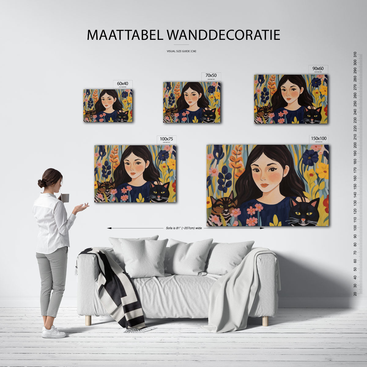 Vrouw met katten – moderne liggende wanddecoratie