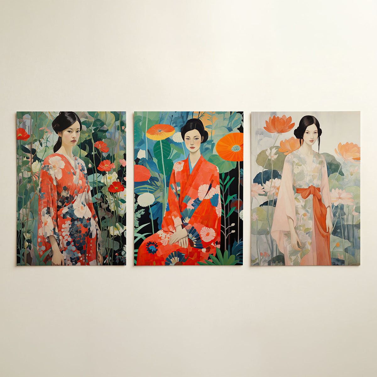 Bloemen en kimono driedelige posterset in interieur