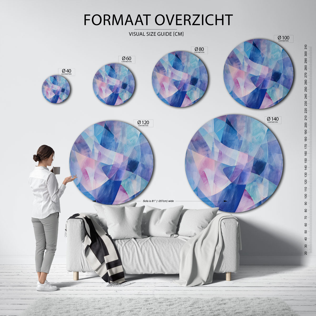 Abstracte blauwe vormen – ronde muurdecoratie met kleur en vorm
