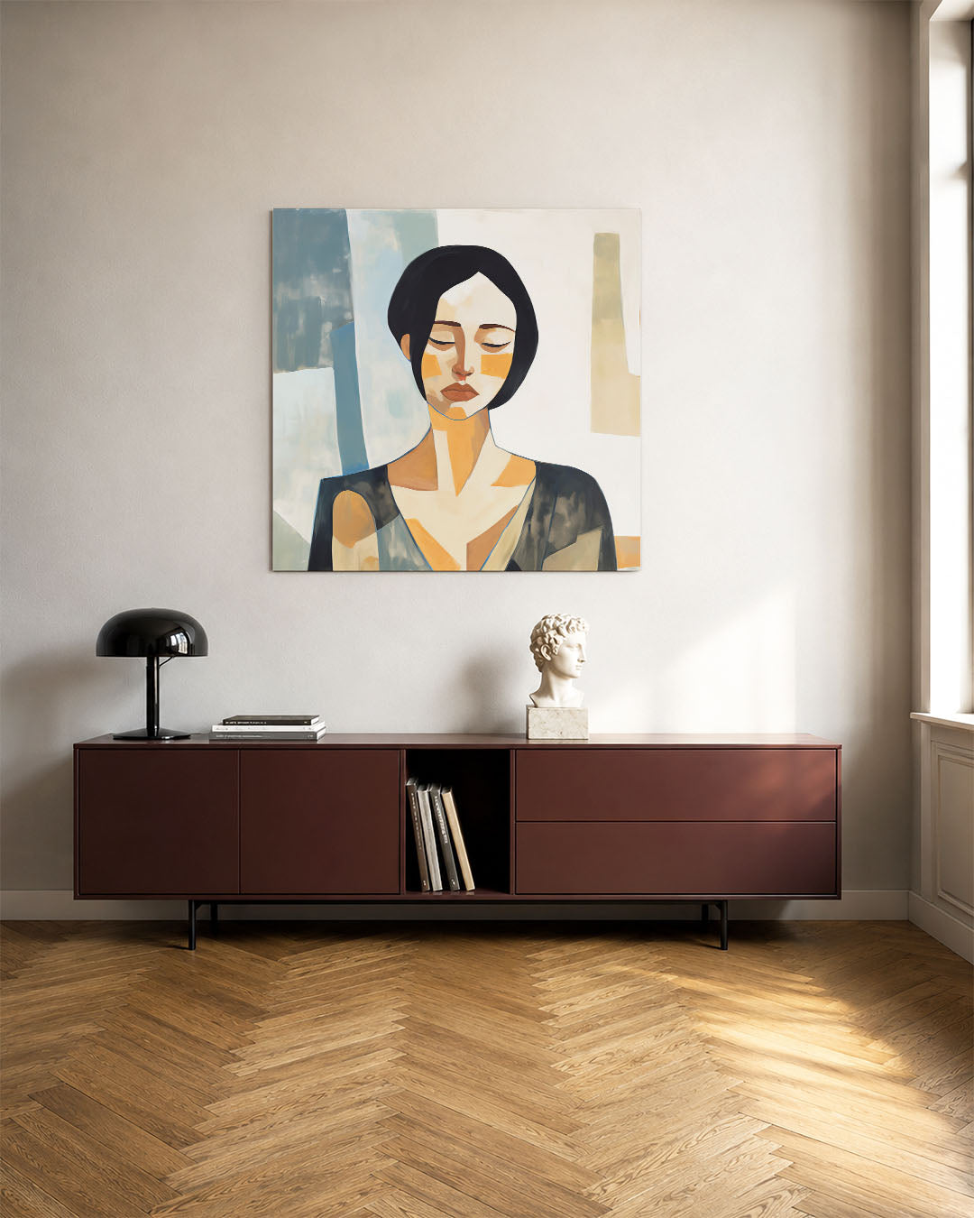 Geometrisch portret kunstwerk – tweede productweergave – dit kunstwerk toont een vrouw met gesloten ogen, opgebouwd uit