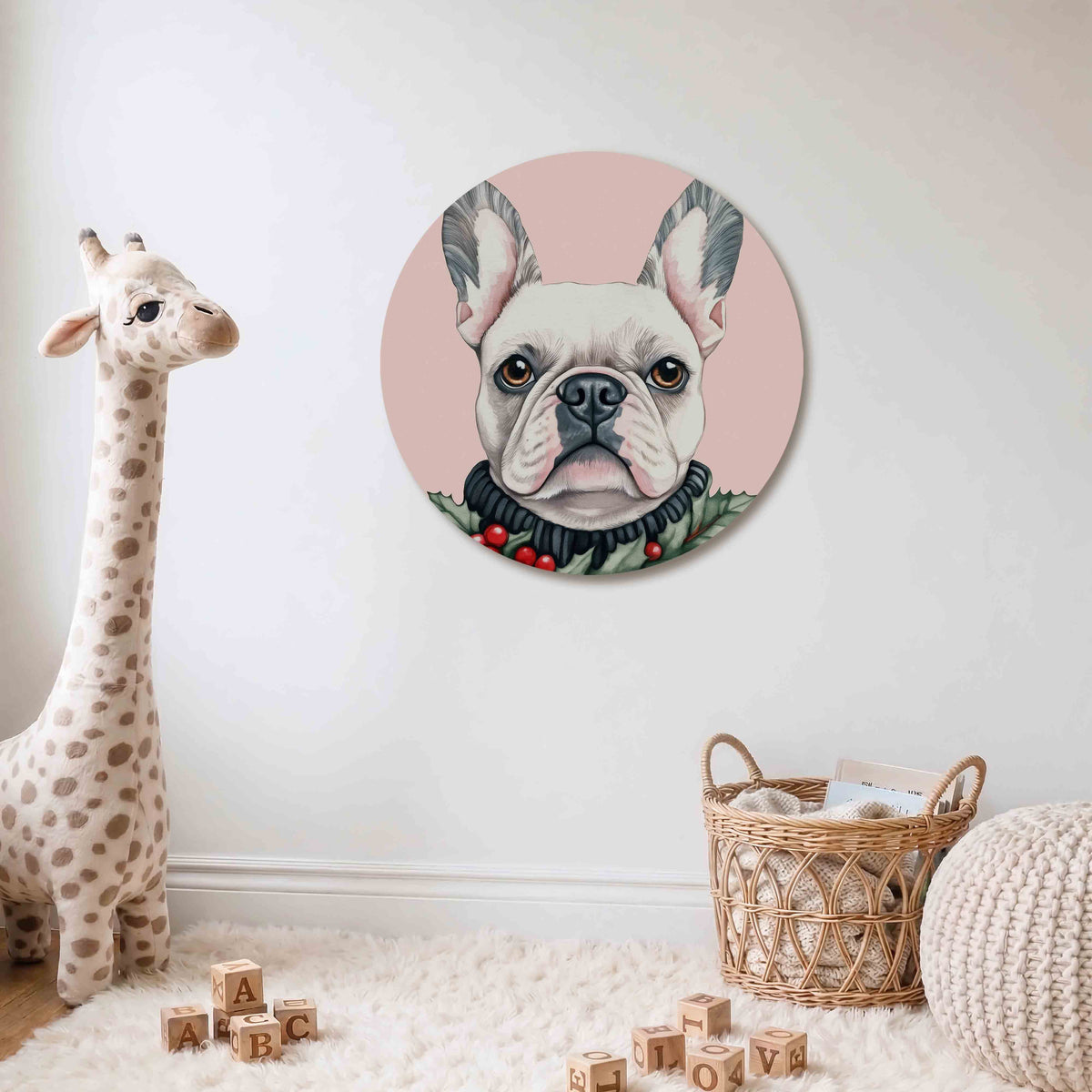 Franse bulldog Muurcirkel – Een Franse bulldog met een witte vacht en grote oren op een roze achtergrond.