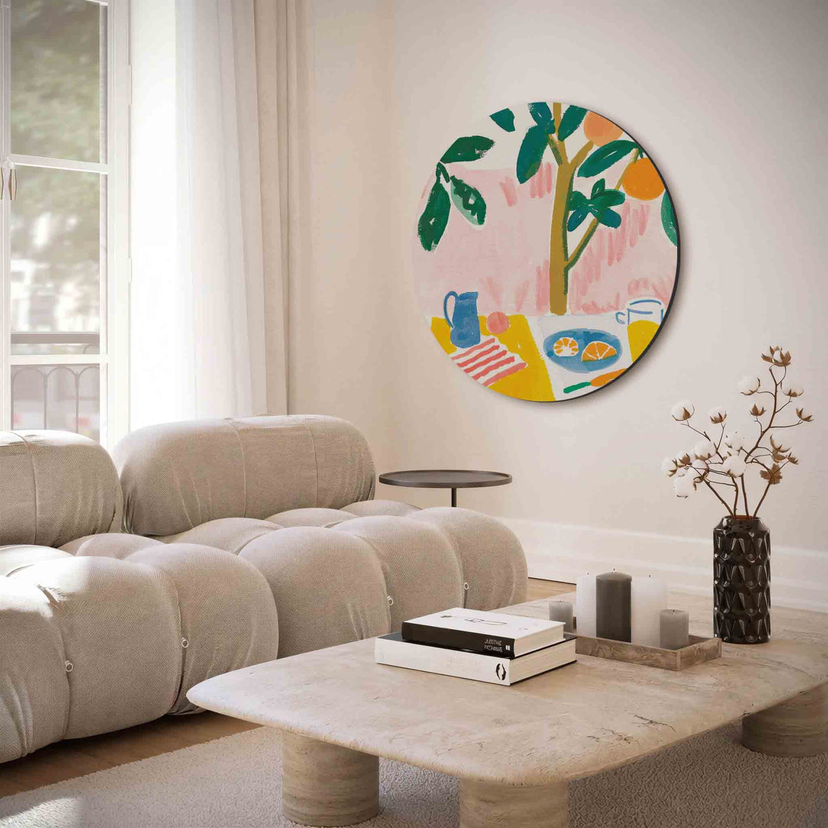Citrus en tafel – illustratie muurcirkel als ronde muurdecoratie