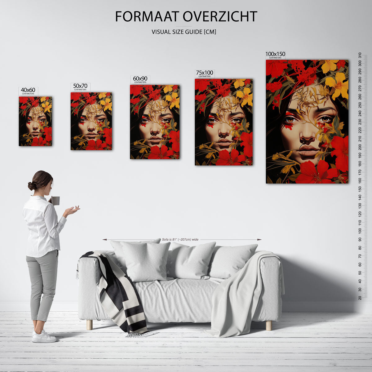 Portret met bloemen – staand wanddecoratie kunstwerk