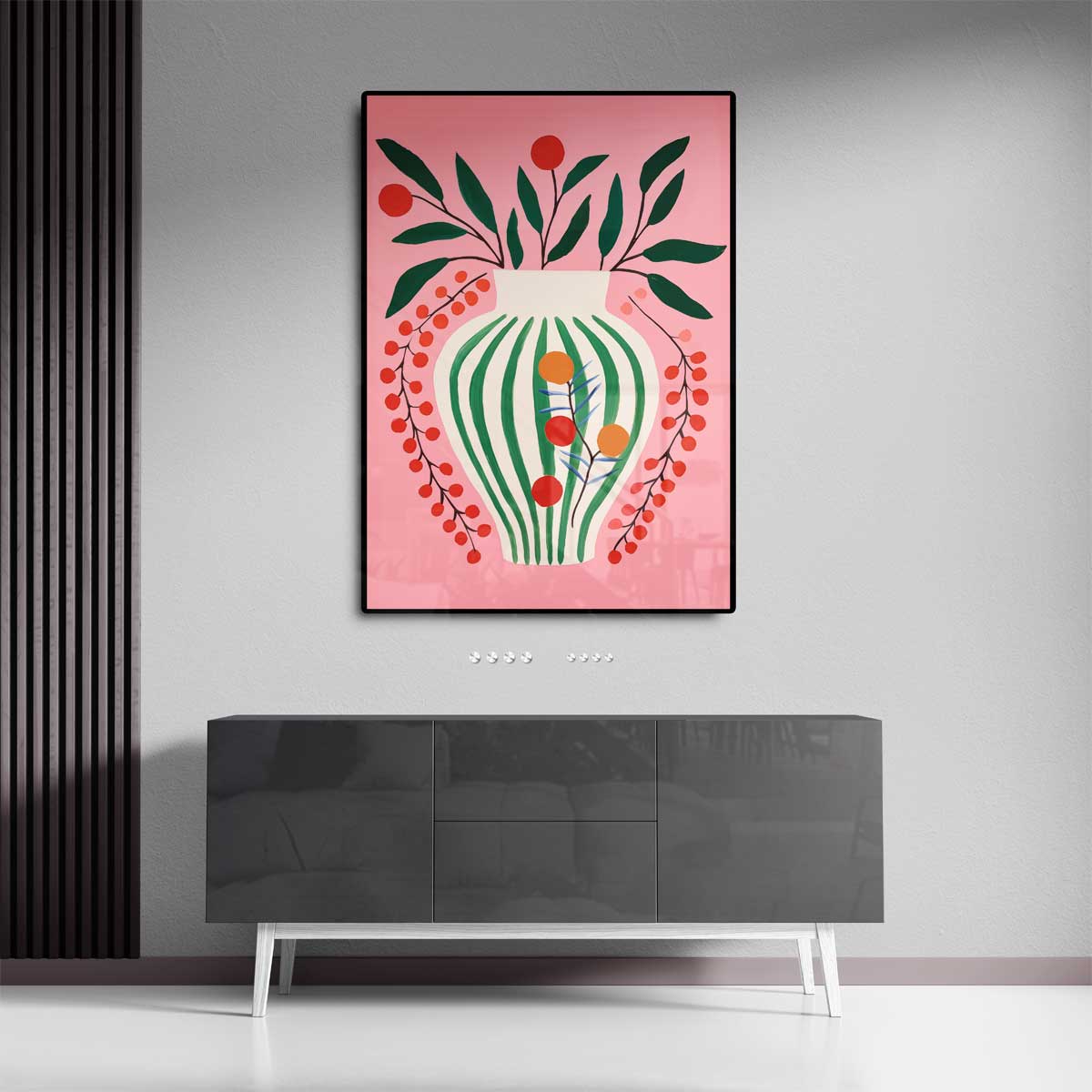 Vrolijke Vaas op Roze Achtergrond – staande wandkunst voor woonkamer of interieur