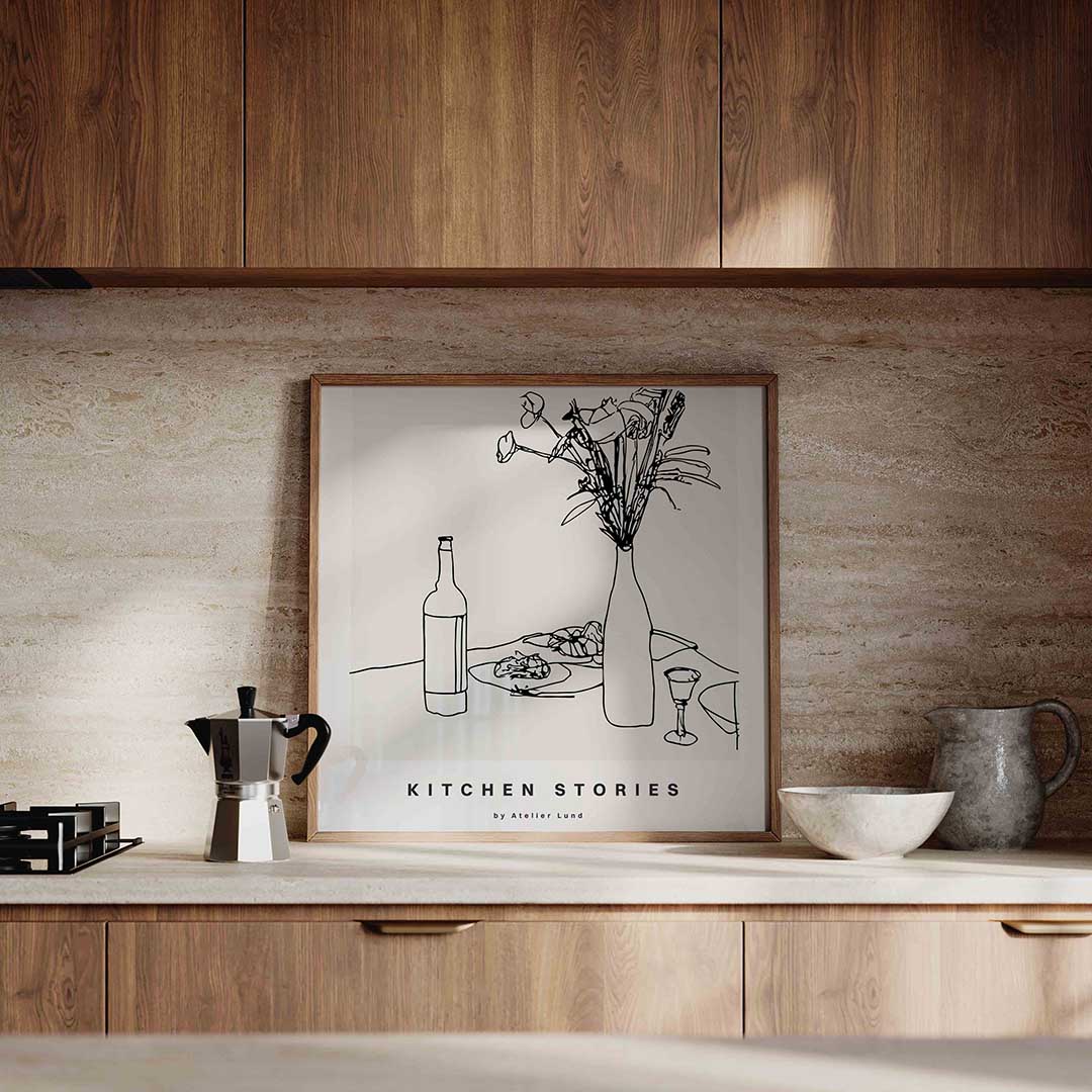Keuken tafel stilleven – culinaire wandkunst als vierkante poster