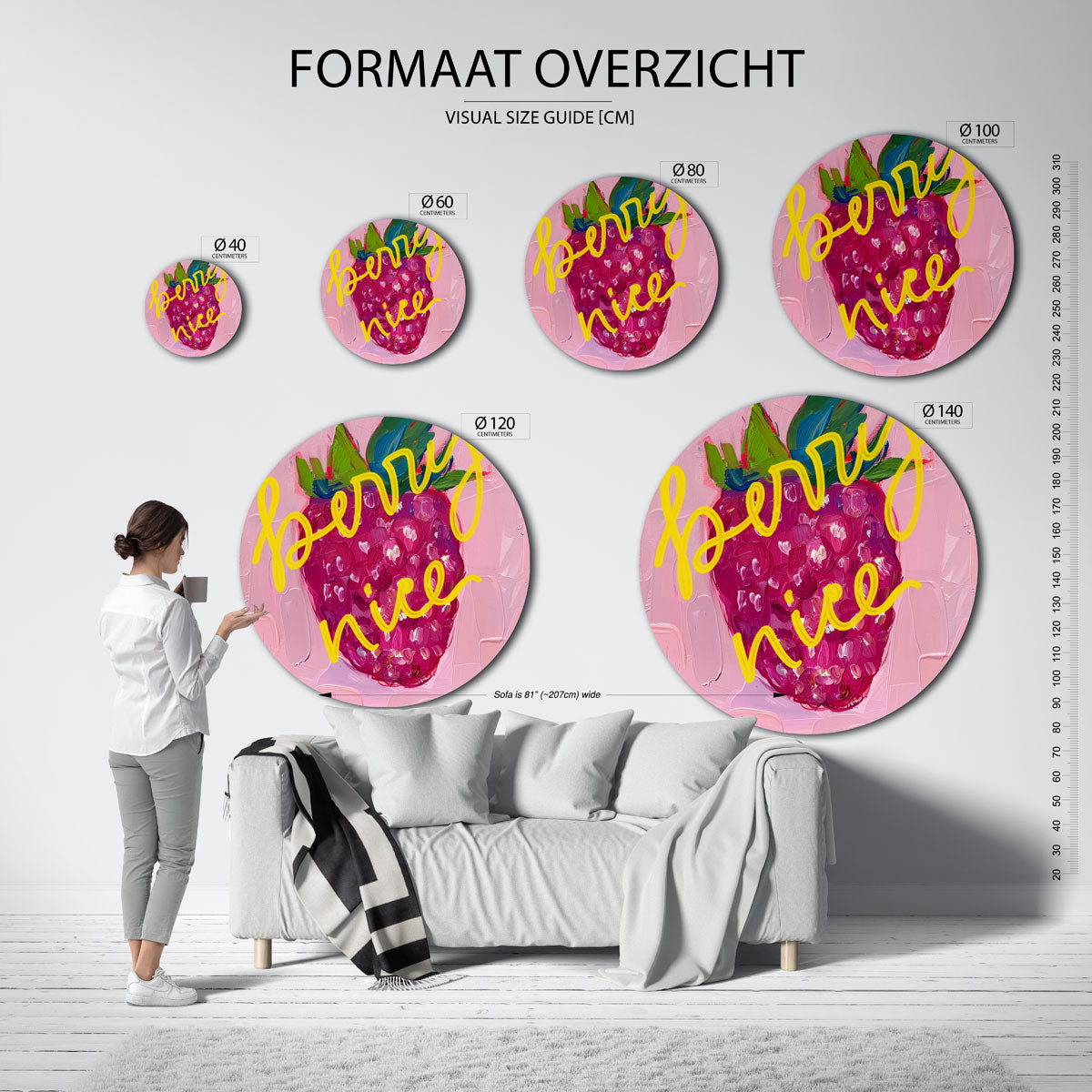 Framboos met tekst – geïllustreerde wandkunst als moderne muurcirkel