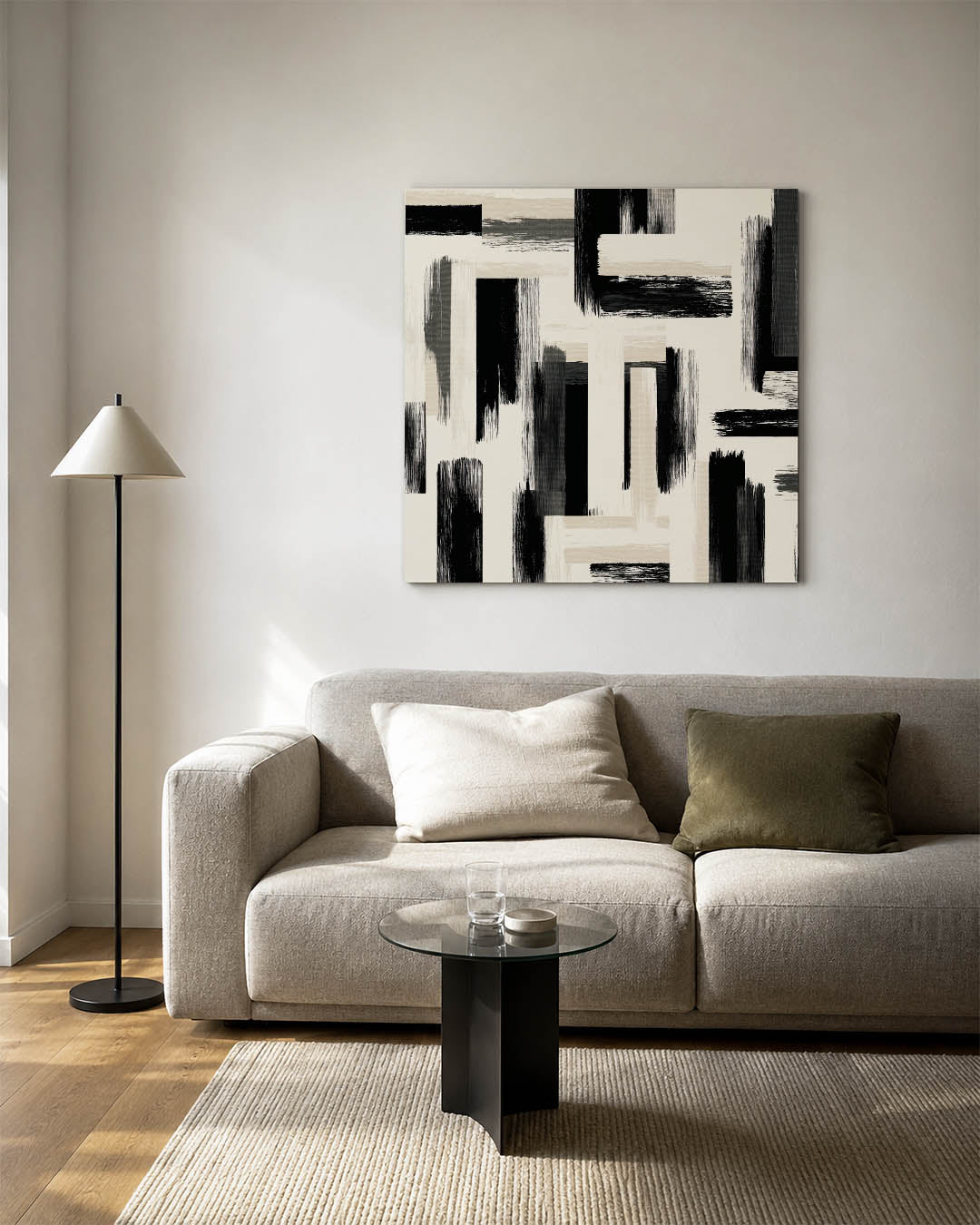 Geometrische penseelstreken kunstwerk – vierkante wanddecoratie – dit werk toont een dynamisch patroon van overlappende