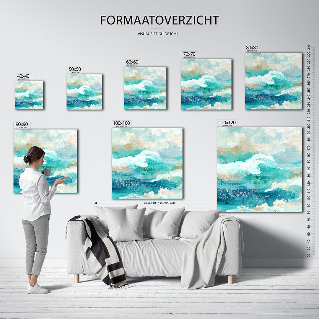 Dynamische zee kunstwerk – materiaalweergave – dit werk toont een levendige zee met golven in verschillende tinten blauw en