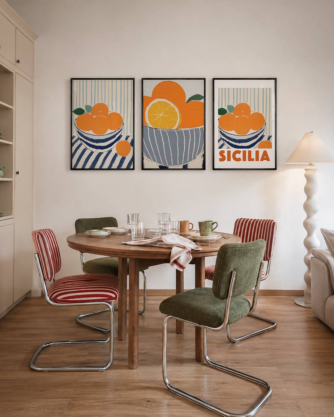 Fruit en strepen driedelige posterset – een kom met feloranje vruchten op een gestreepte achtergrond