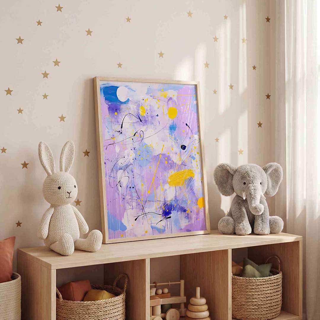 Abstracte paarse en gele – staande kinderkamer wanddecoratie van WallArtistic