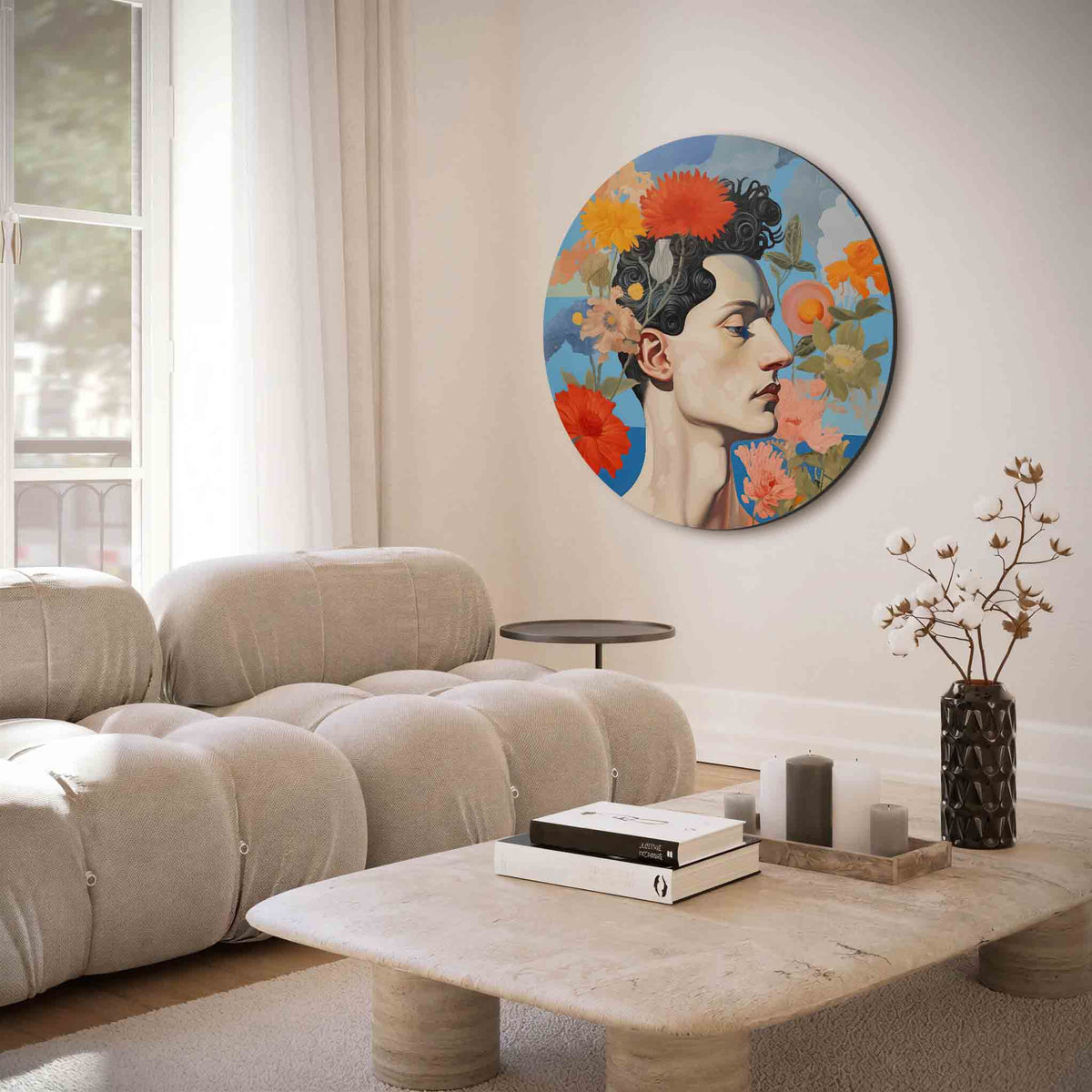 Portret met bloemen – muurcirkel met abstracte texturen voor aan de muur