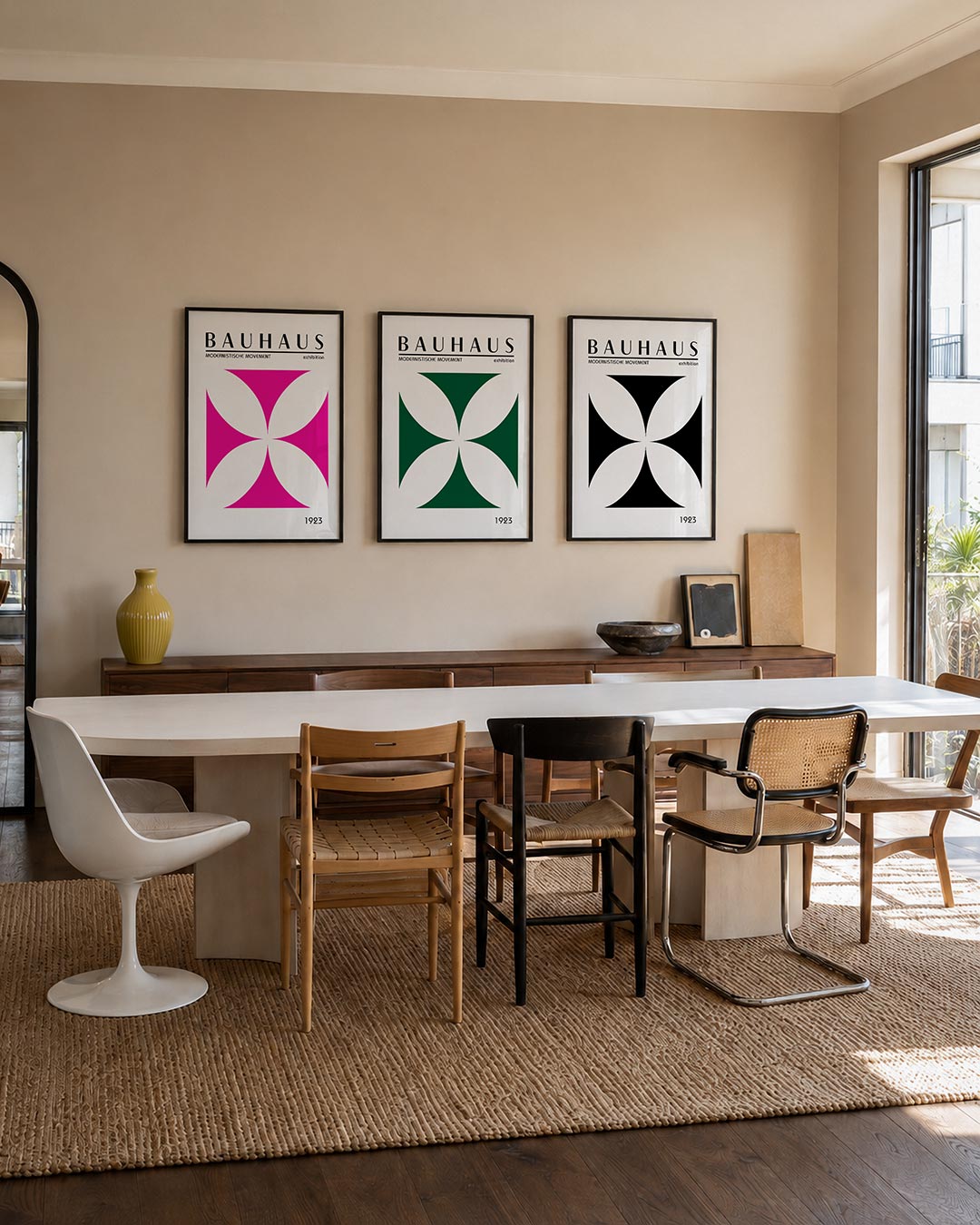 Vorm en kleur driedelige posterset – deze posterset in drie delen toont een levendig spel van roze en wit, met vloeiende