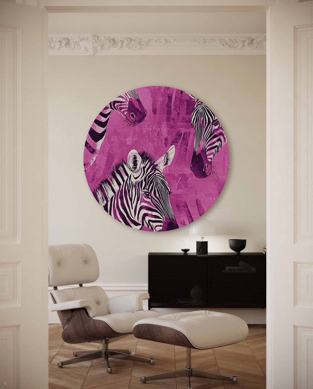 Zebra's op roze – illustratie muurcirkel als ronde muurdecoratie