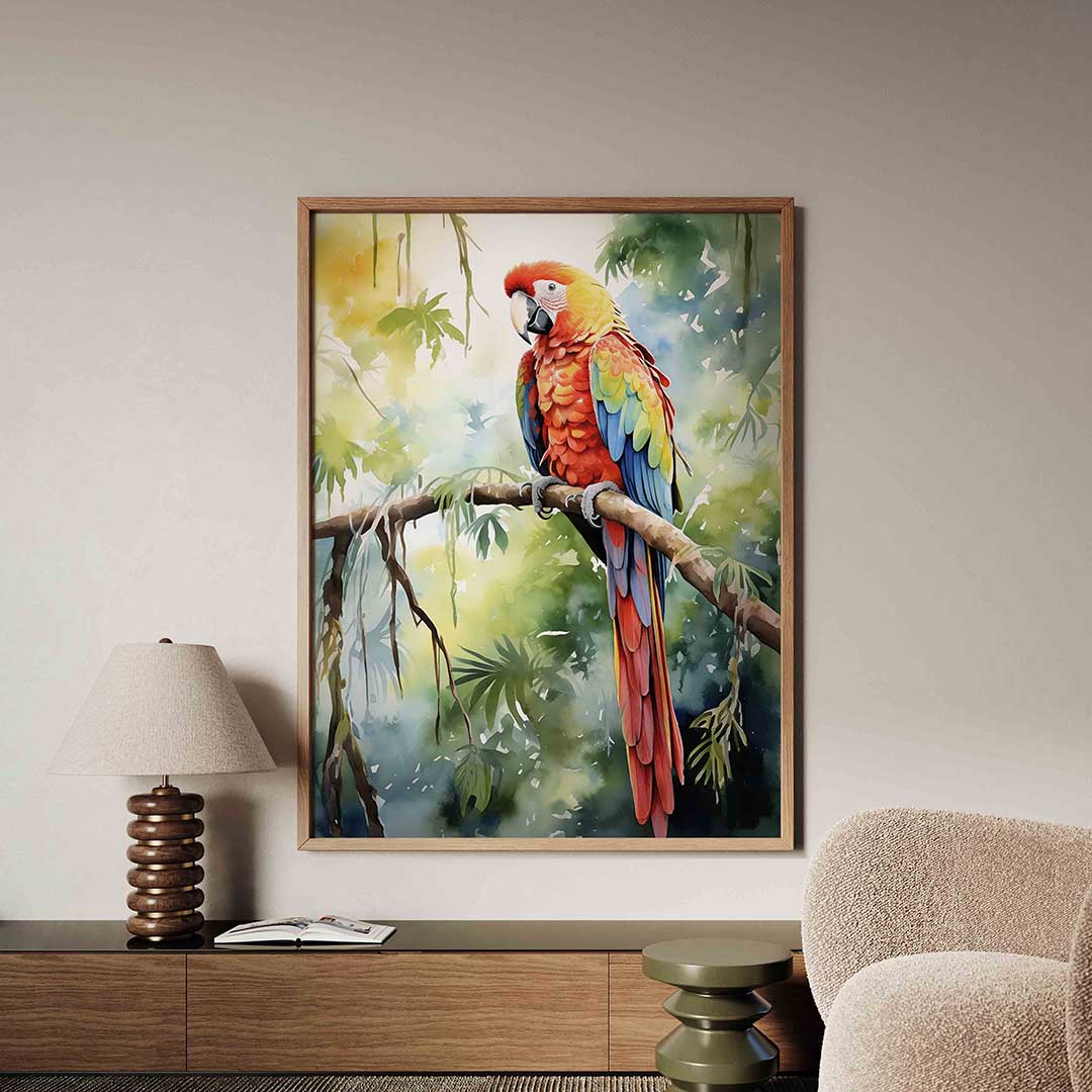 Papegaai op tak – tropische jungle poster in staand formaat