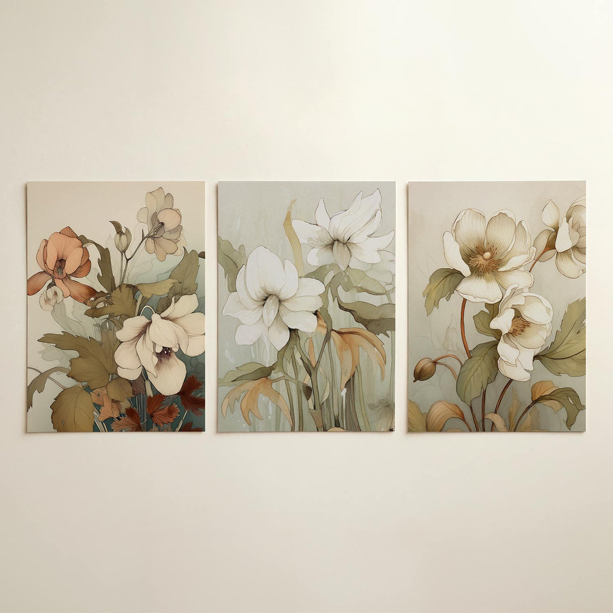 Bloemrijke lijnen posterset – detailweergave – deze posterset toont delicate bloemen in zachte tinten