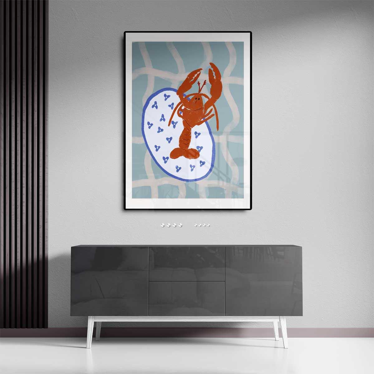 Dansende Kreeft op Servies – dibond kunstwerk als wanddecoratie