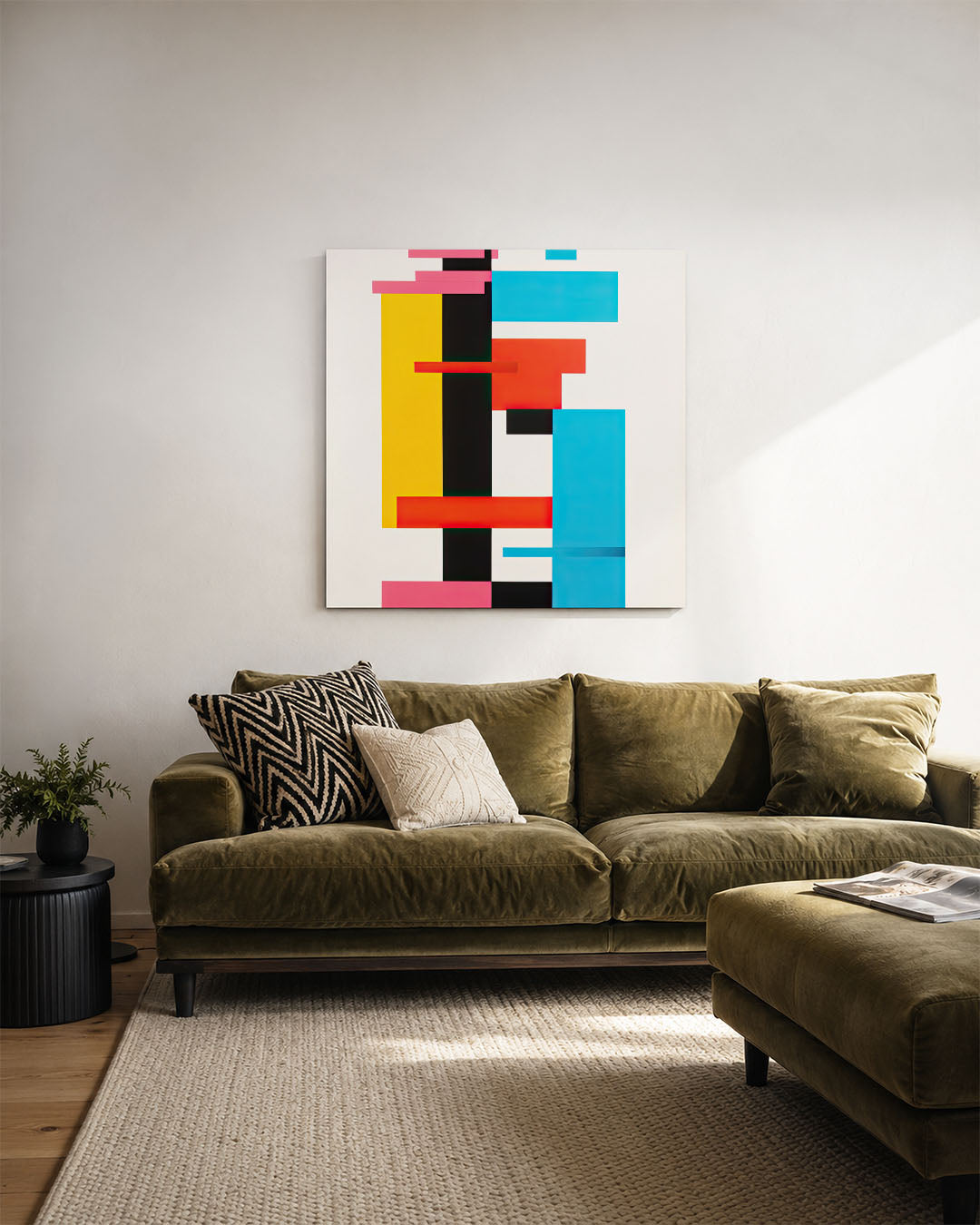 Geometrische kleurencompositie kunstwerk – derde productweergave – dit werk toont een dynamische compositie van rechthoeken