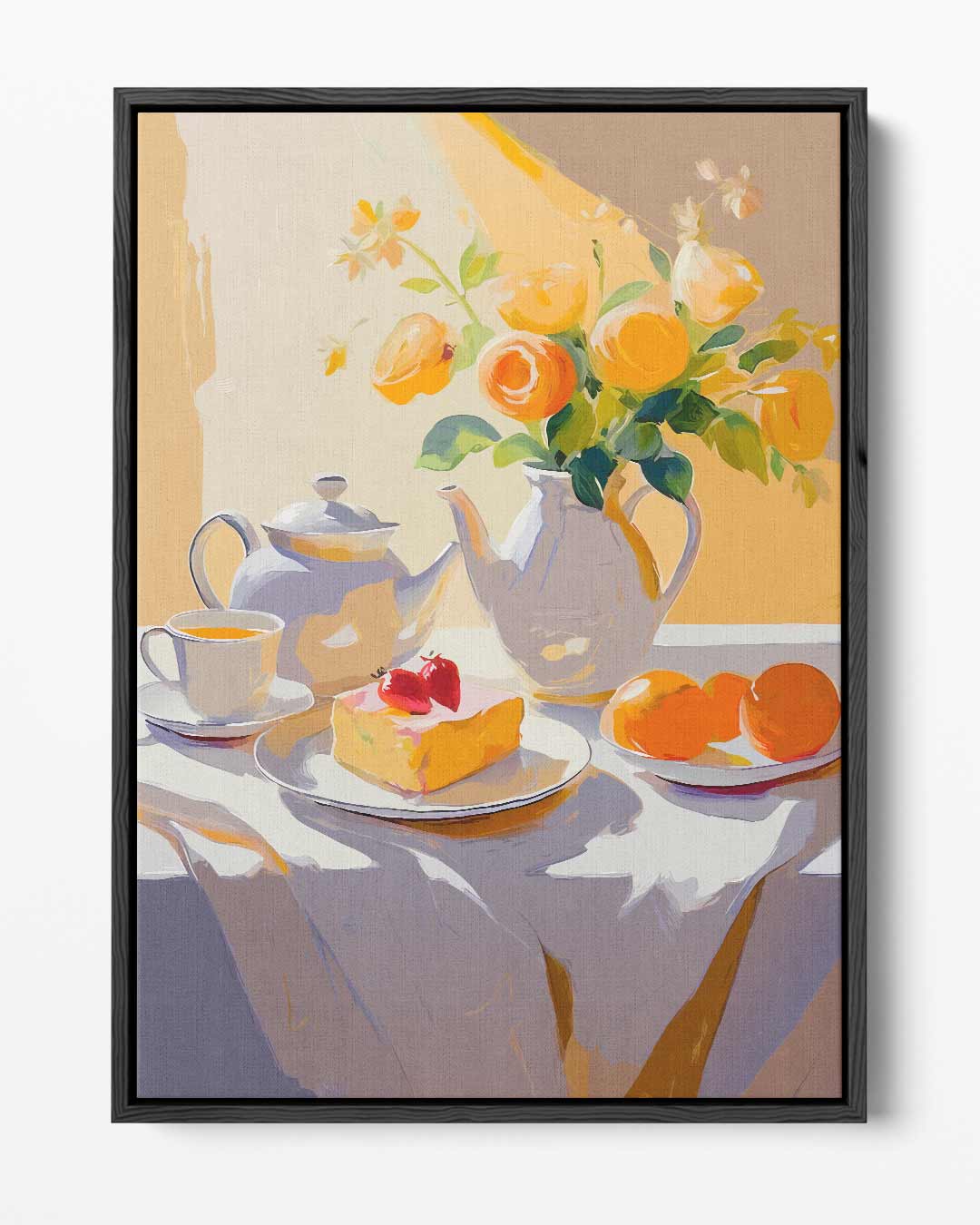 Zonovergoten Stilleven met Bloemen en Thee – portret kunstwerk als wanddecoratie