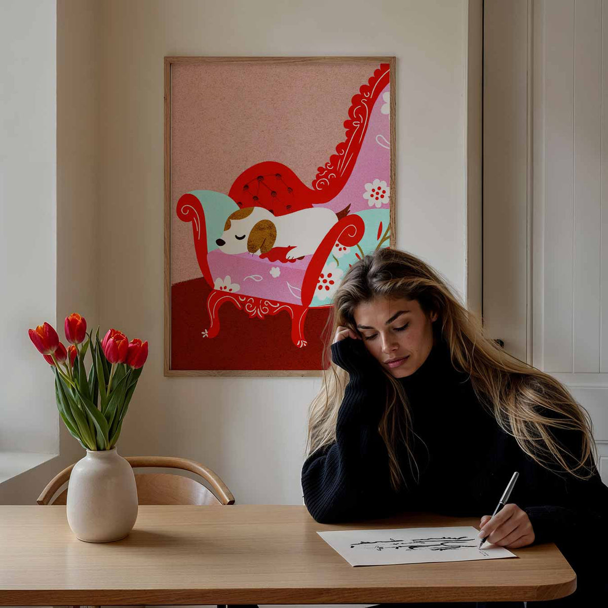 Slapende Poes op Chique Bankje – zomer poster als frisse staande wanddecoratie