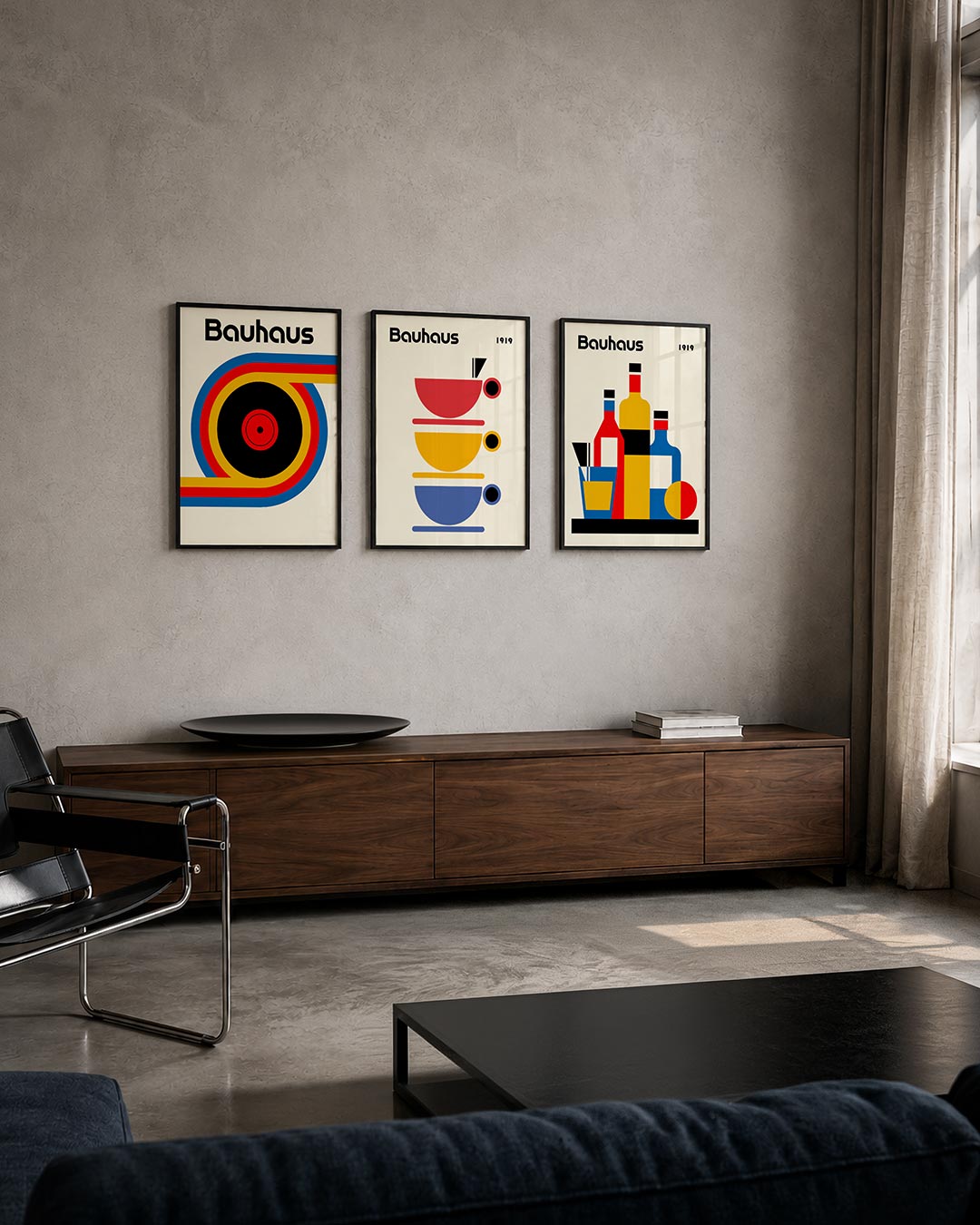 Kleurrijke cirkelpatronen posterset – tweede productweergave – deze posterset in drie delen toont levendige cirkels en lijnen