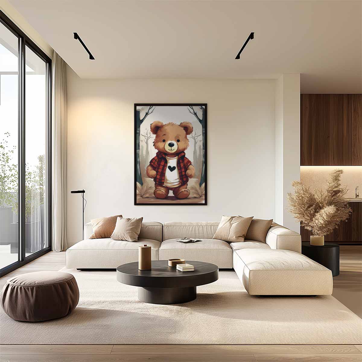 Knuffelbeer in het Bos – kunstwerk met zwarte baklijst