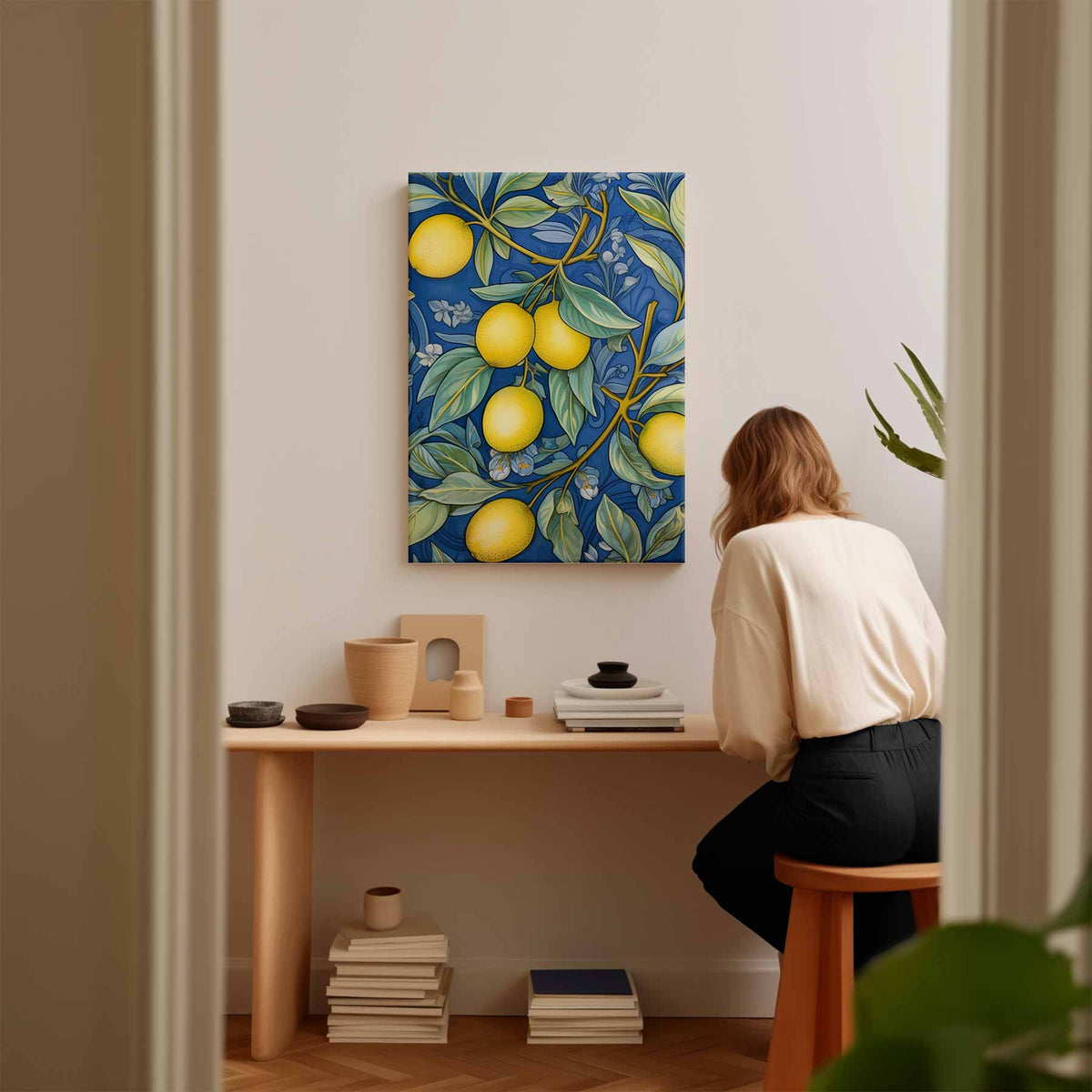 Kleurrijke Citroen Illustratie op Blauw – plexiglas kunstwerk als wanddecoratie