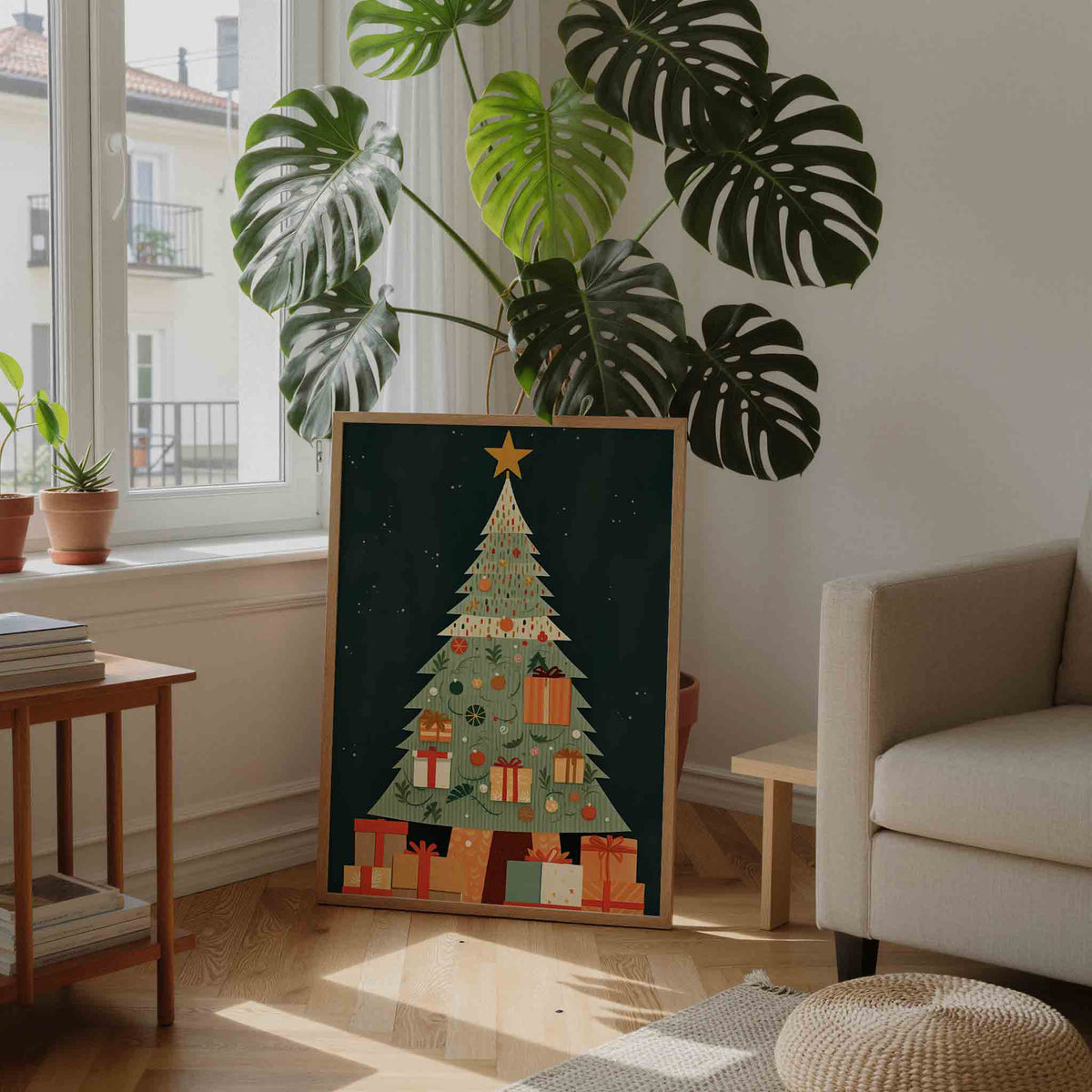 Kerstboom met cadeaus – feestelijke wandkunst als portret poster