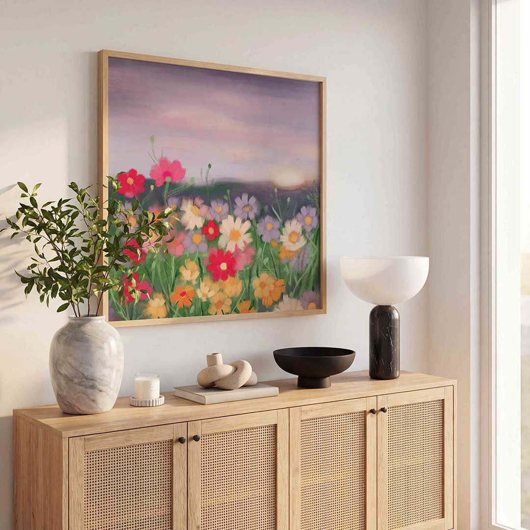 Bloemenveld bij zonsondergang – illustratie poster in vierkant formaat
