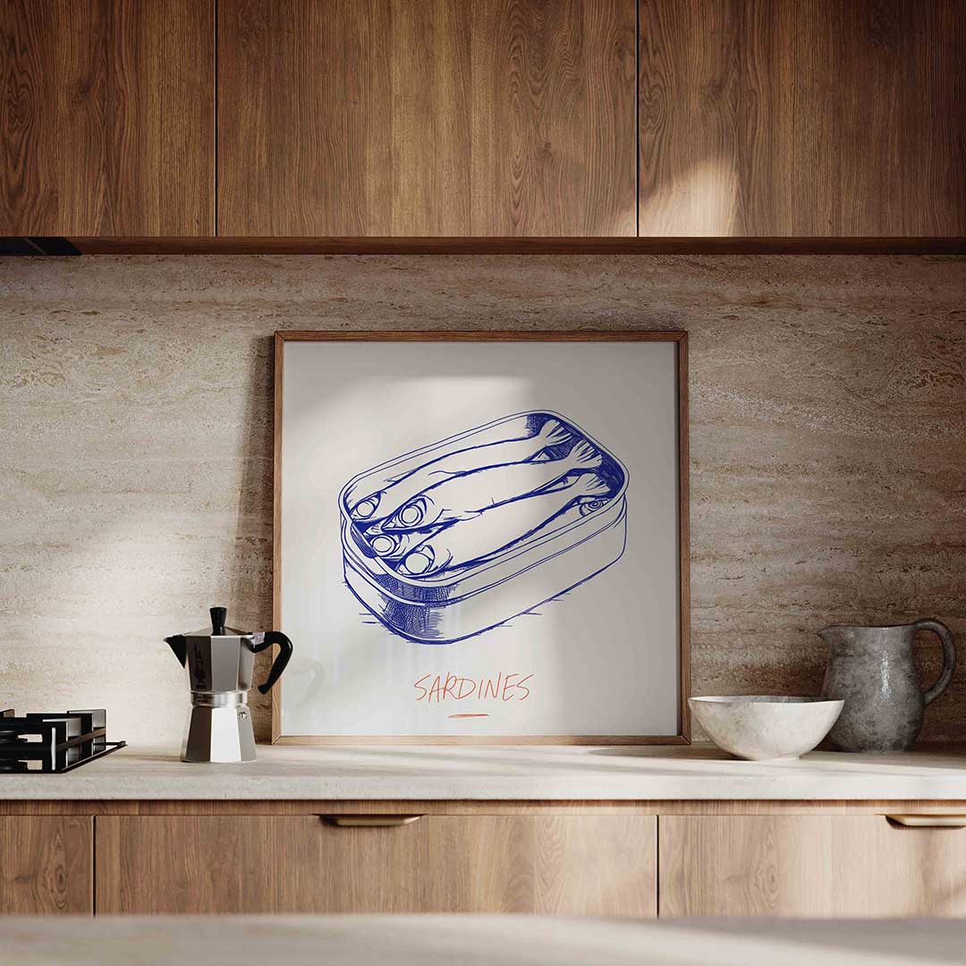 Sardines in blik – culinaire wandkunst als vierkante poster