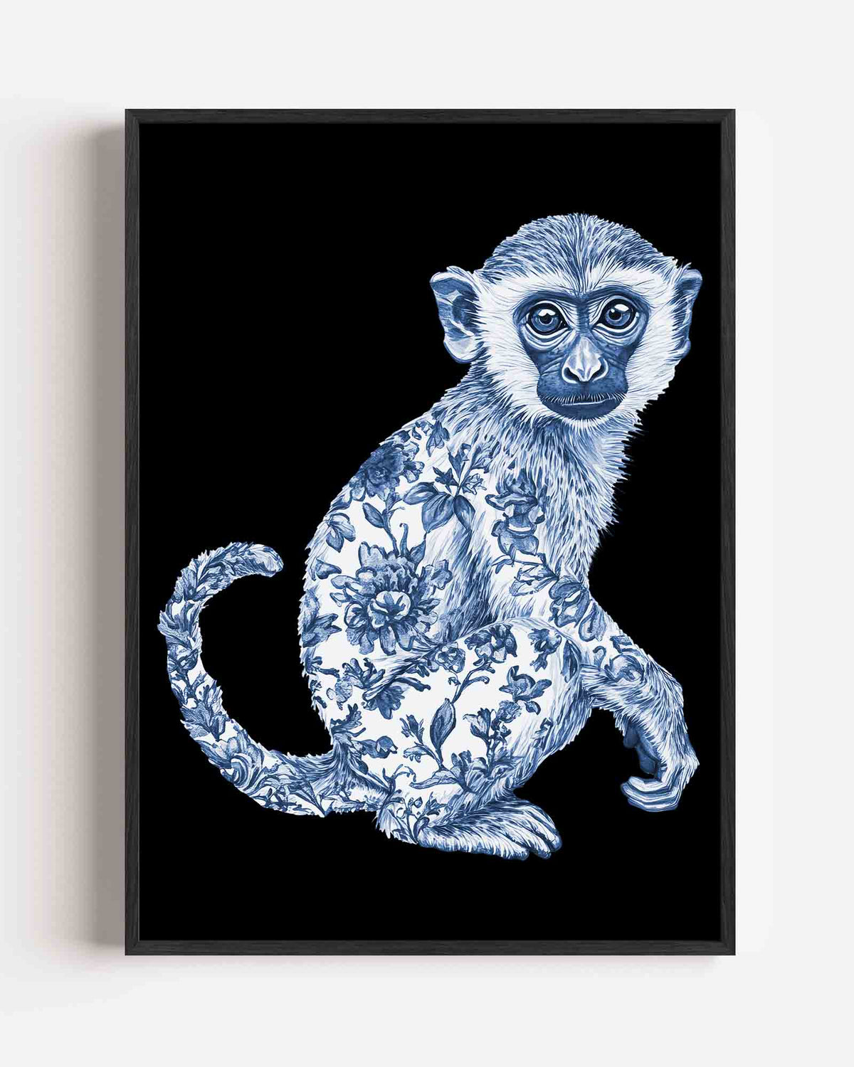Blauwe aap met bloemen – Delfts blauwe portret poster als wanddecoratie
