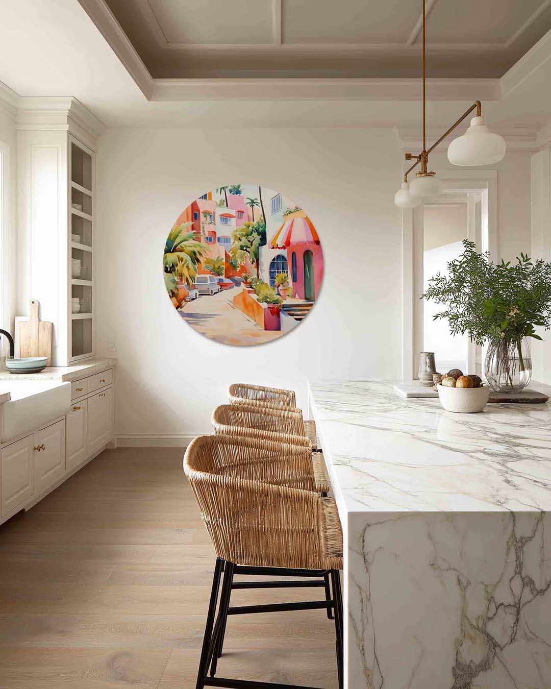 Zonnige straat – abstracte muurcirkel als ronde wanddecoratie
