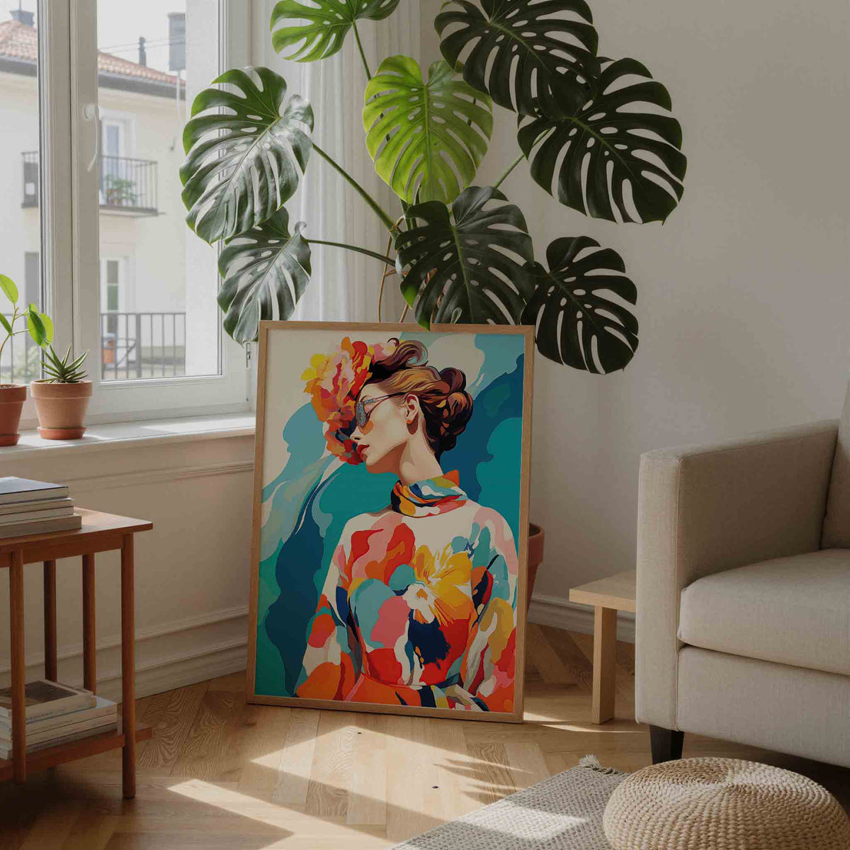 Vrouw met bloemenhoed – staande botanische wanddecoratie van WallArtistic