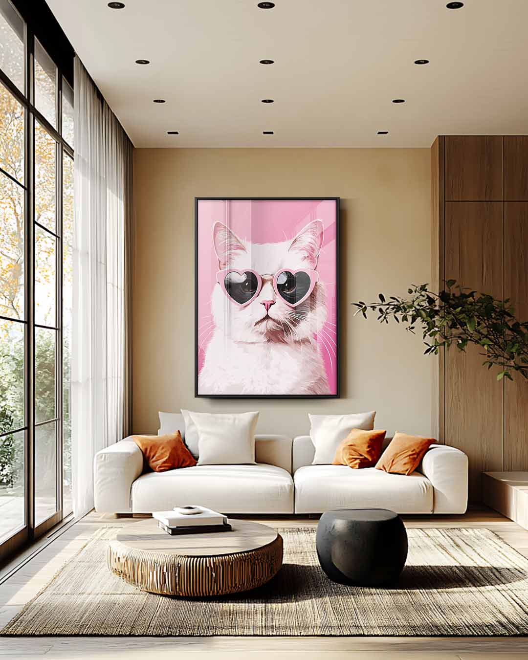 Coole Kat met Hartjesbril – modern portret kunstwerk van WallArtistic