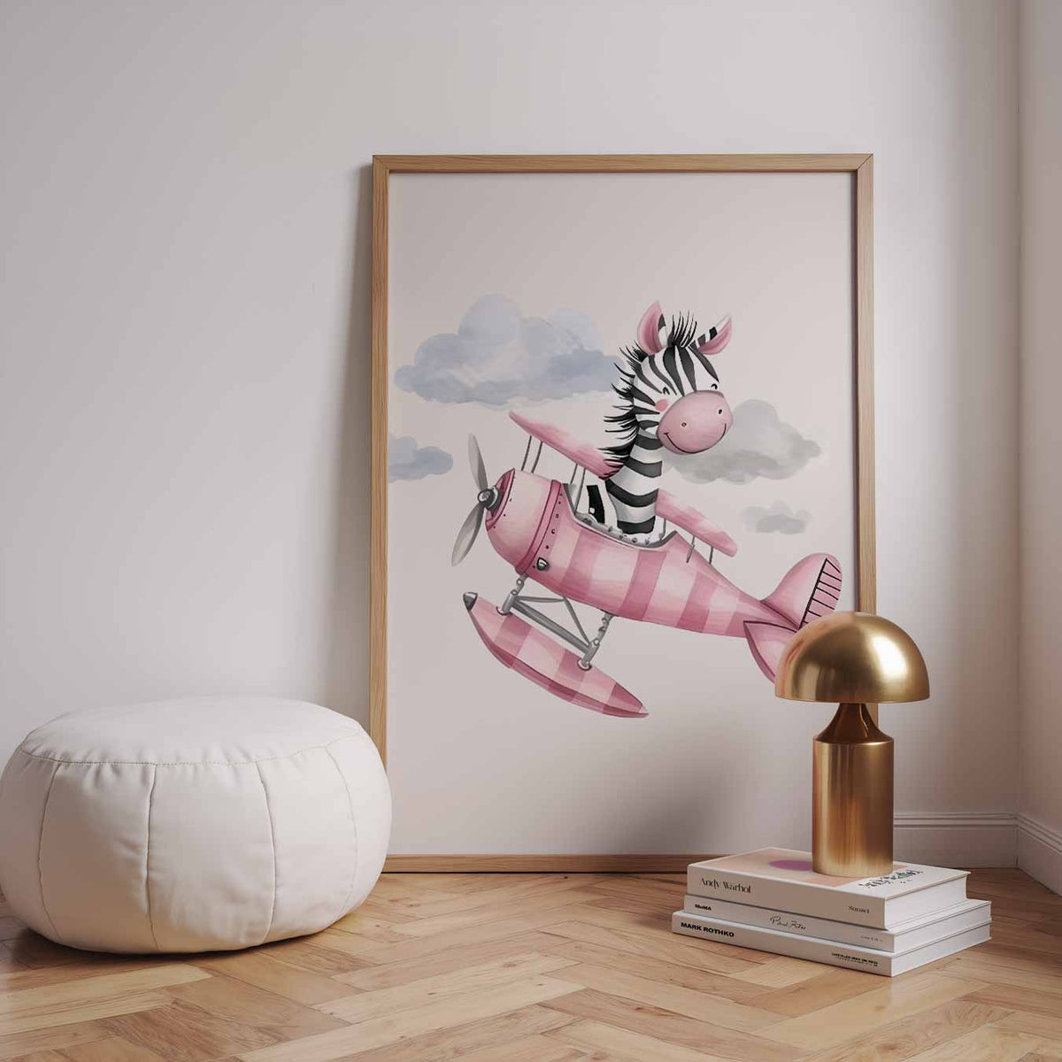 Dromerige Zebra in het Vliegtuig – speelse wandkunst als portret kinderposter
