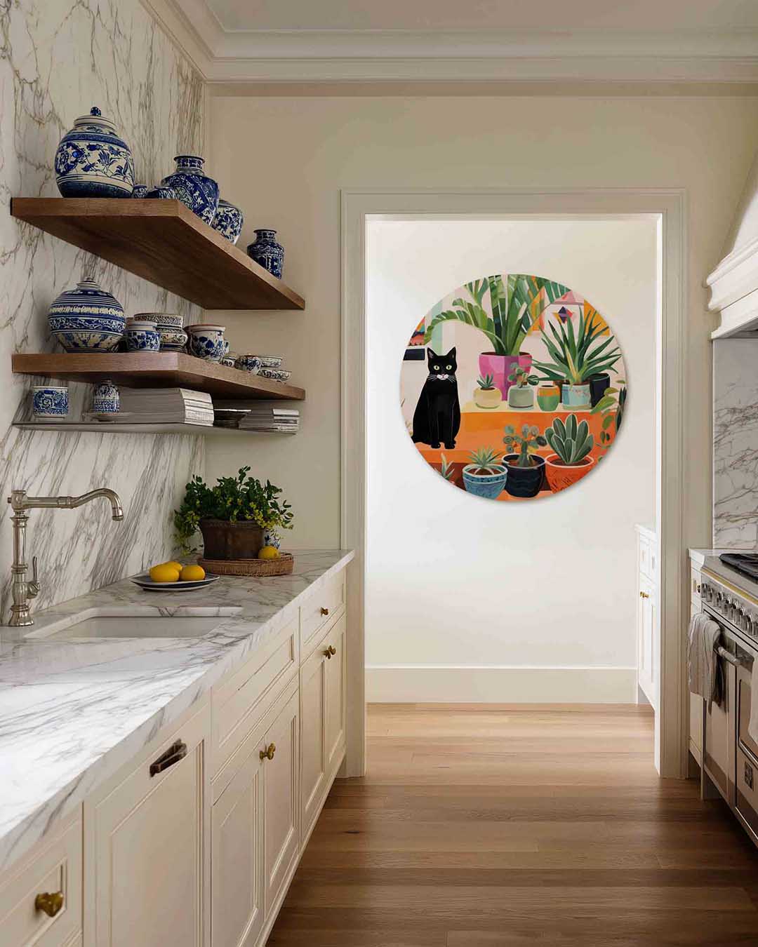 Zwarte kat met planten – moderne abstracte muurcirkel voor aan de muur