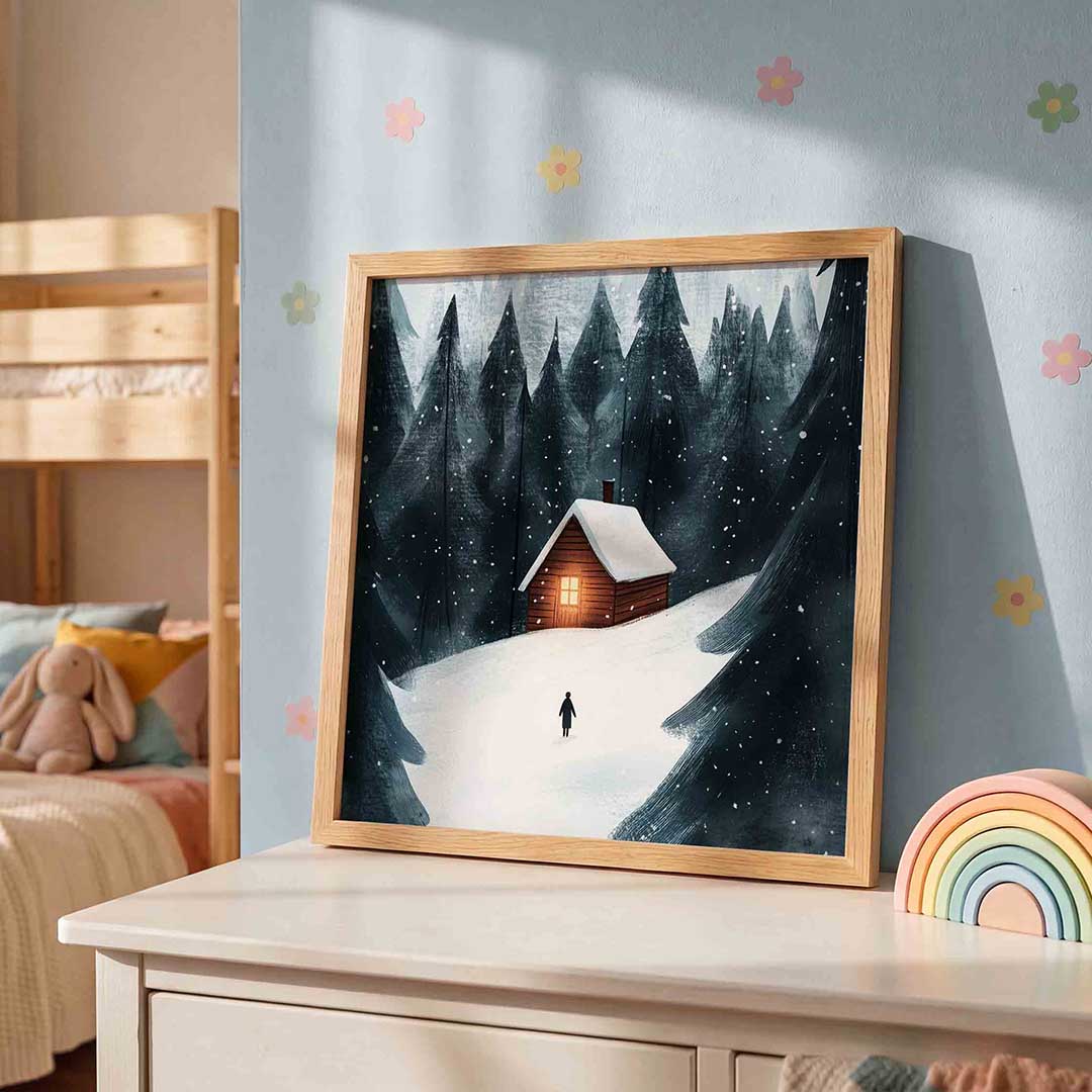 Winterlandschap met huisje – speelse wandkunst als vierkante kinderposter