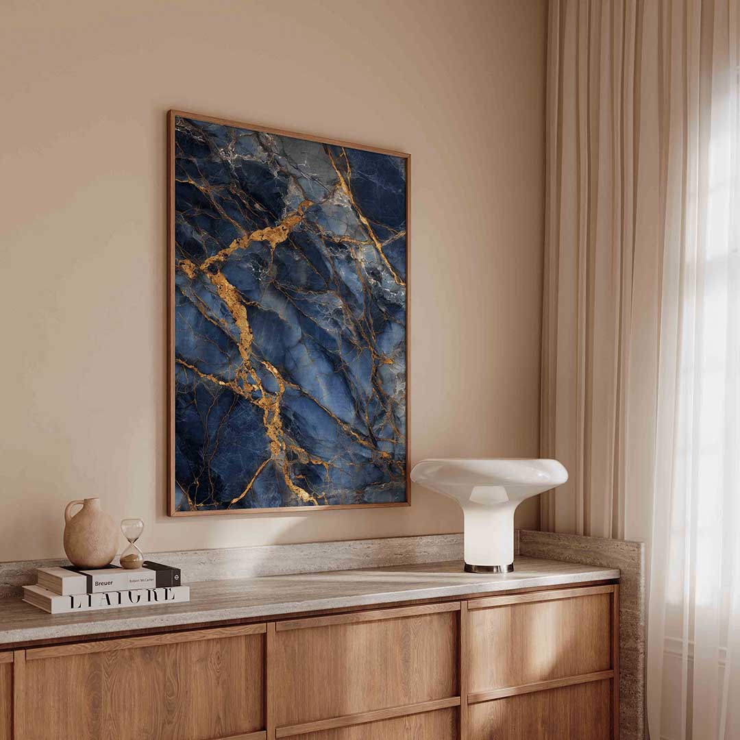 Blauwe en gouden aderen – abstracte poster in staand formaat