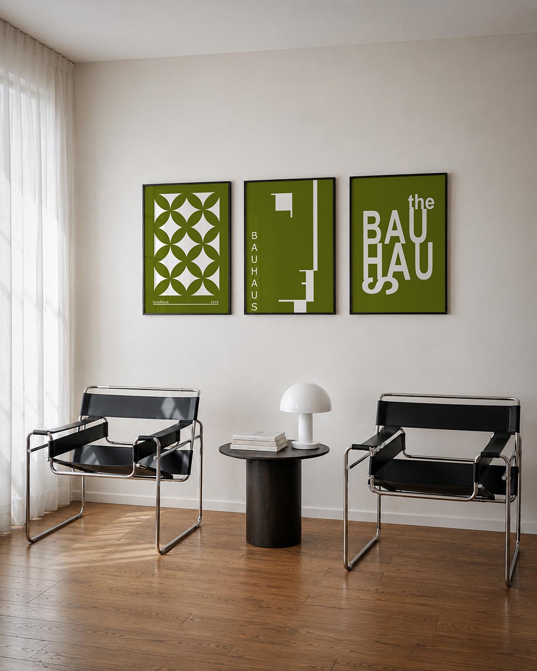 Vormenspel in groen driedelige posterset – deze posterset in drie delen toont een ritmisch patroon van overlappende groene