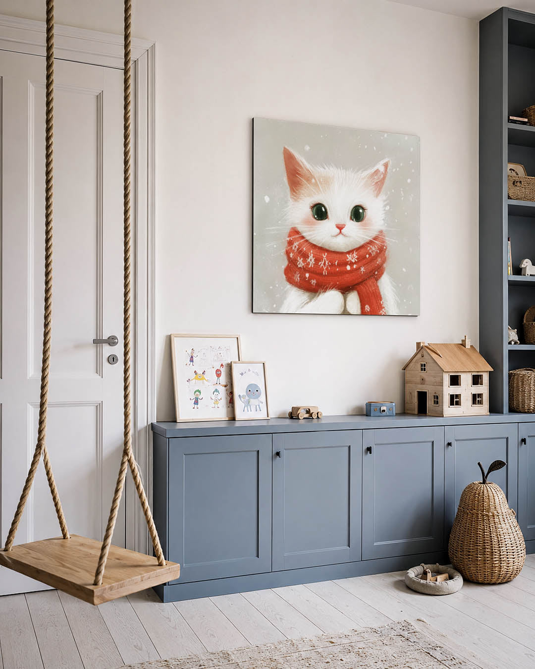 Schattige kat met sjaal kunstwerk – vierkante wanddecoratie – dit werk toont een schattige kat met grote ogen en een rode