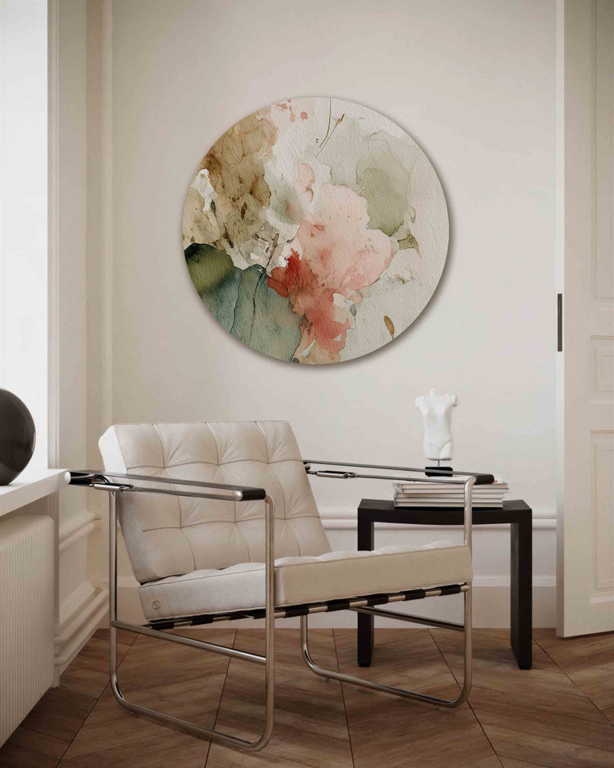 Abstracte bloemen – vrouwelijk portret muurcirkel als wanddecoratie